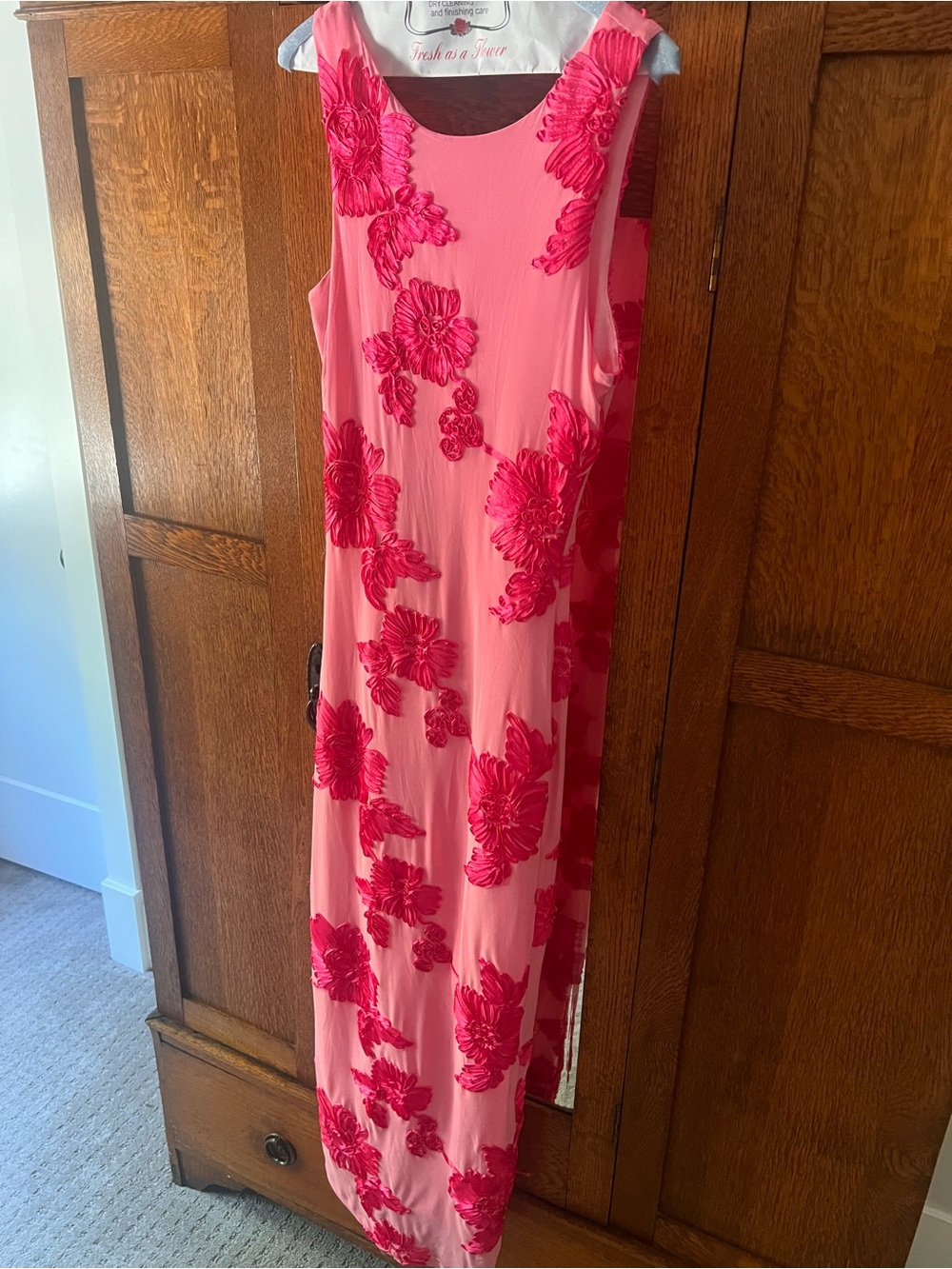 Pink Sleeveless Maxi Dress with Hot Pink Floral Appliqué
